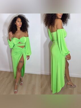 Neon Lime Two-Piece Off-Shoulder Maxi Set